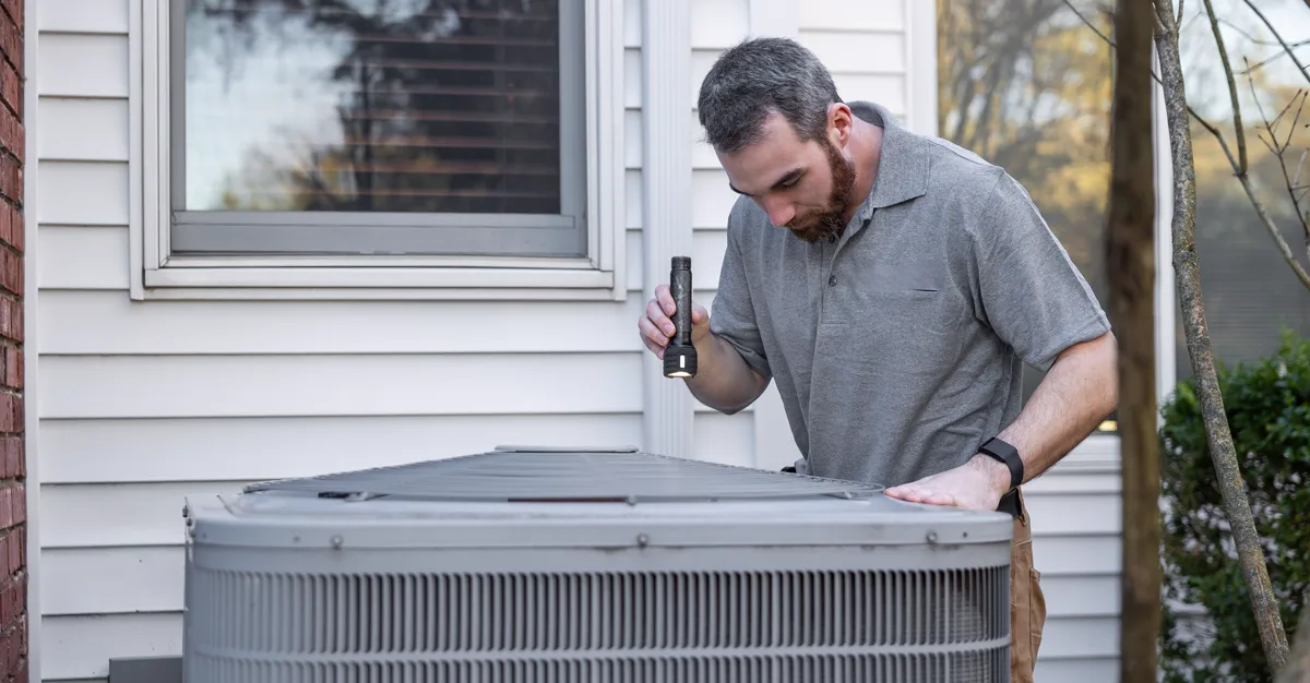 A technician inspecting an outdoor HVAC unit during a maintenance visit.