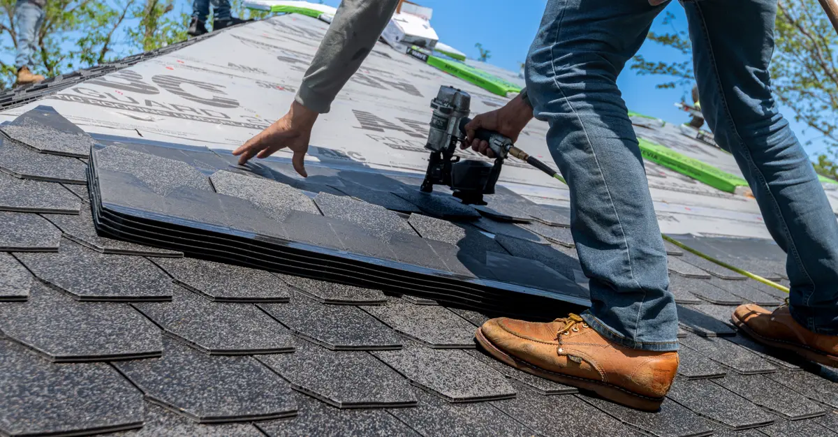 A roofer using a nail gun to install shingles on a residential roof.