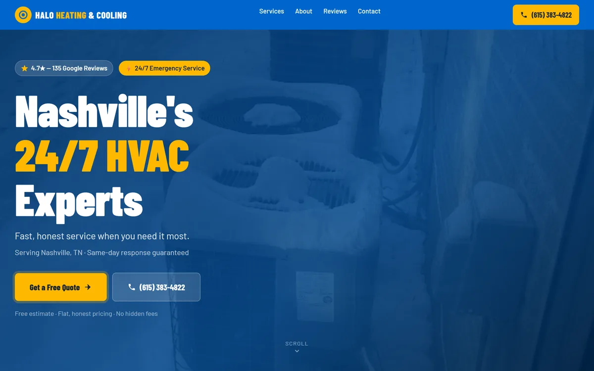 Sample redesign for a Nashville HVAC company — real Google reviews badge, free quote button, photo of their actual equipment