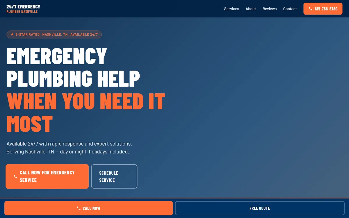 Sample redesign our pipeline built for a Nashville emergency plumber — bold hero, 24/7 phone number and call button front and center