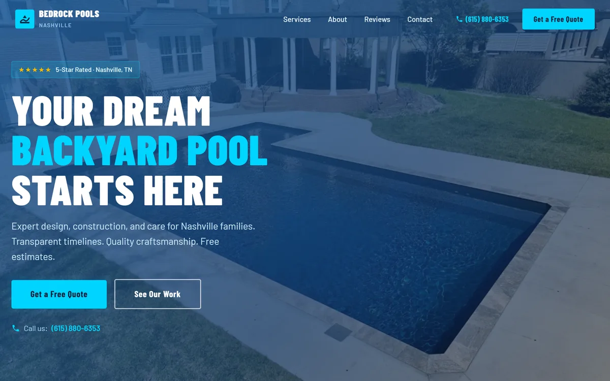 Sample redesign for a Nashville pool builder — their real backyard pool photography in the hero